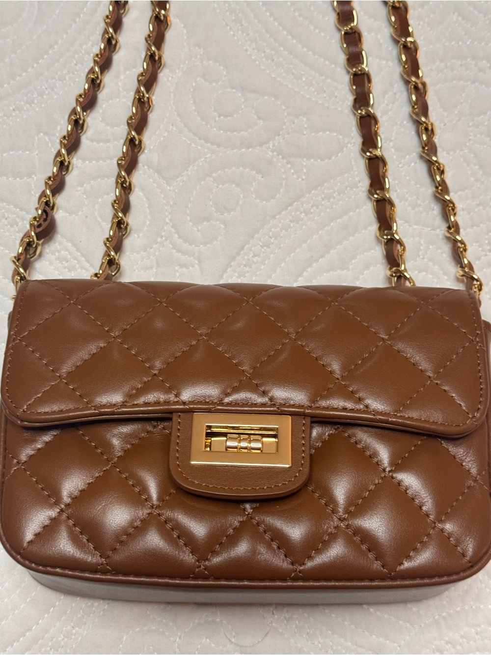 Quilted Brown Leather Crossbody with Gold Chain Strap
